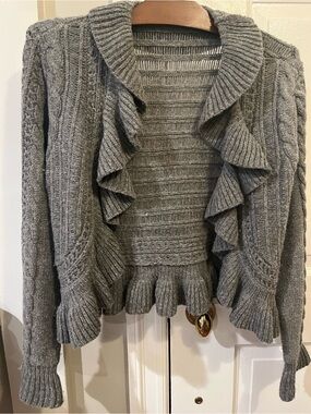 Anne Klein Gray With Silver Threads Ruffle Cable-Knit Cardigan Sweater